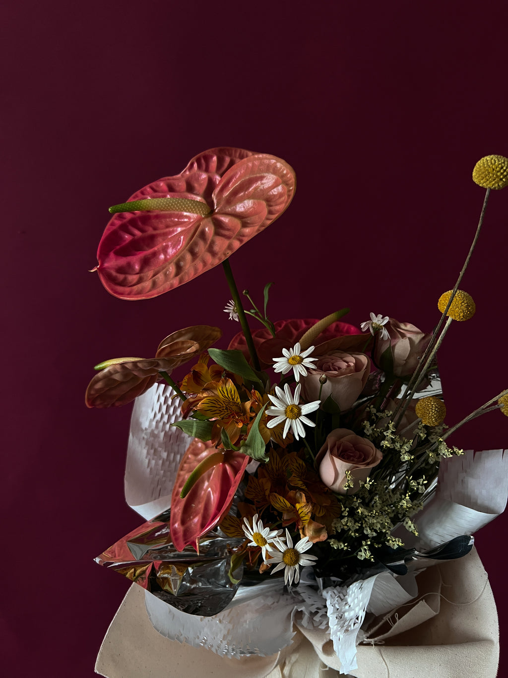 coral anthurium cappuccino rose bouquet flower delivery in singapore close up
