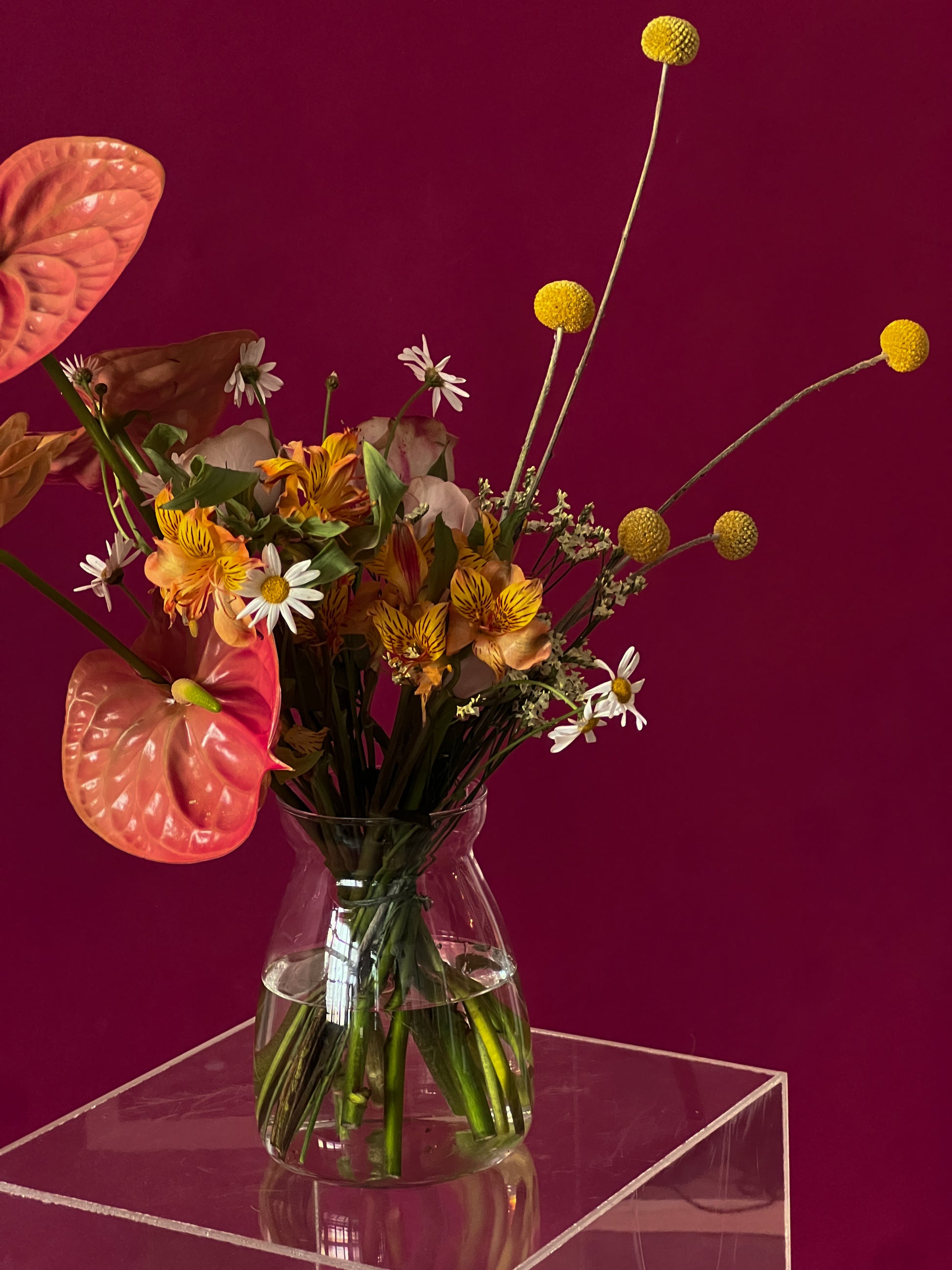 craspedia coral anthurium cappuccino rose vase flower delivery in singapore close up