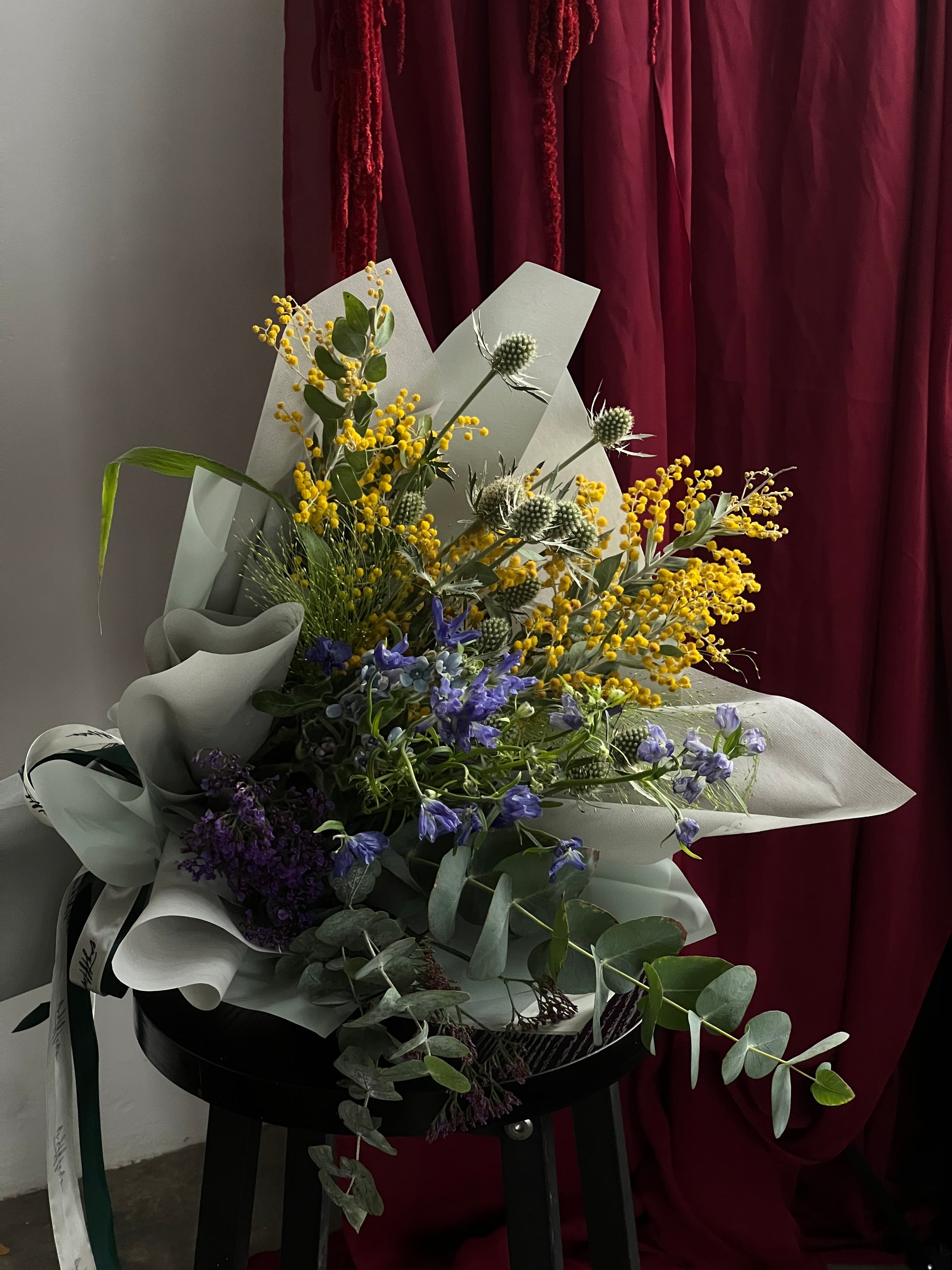 valentine's day 2025 rustic yellow and blue flower bouquet delivery