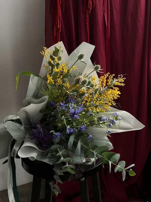 valentine's day 2025 rustic yellow and blue flower bouquet delivery